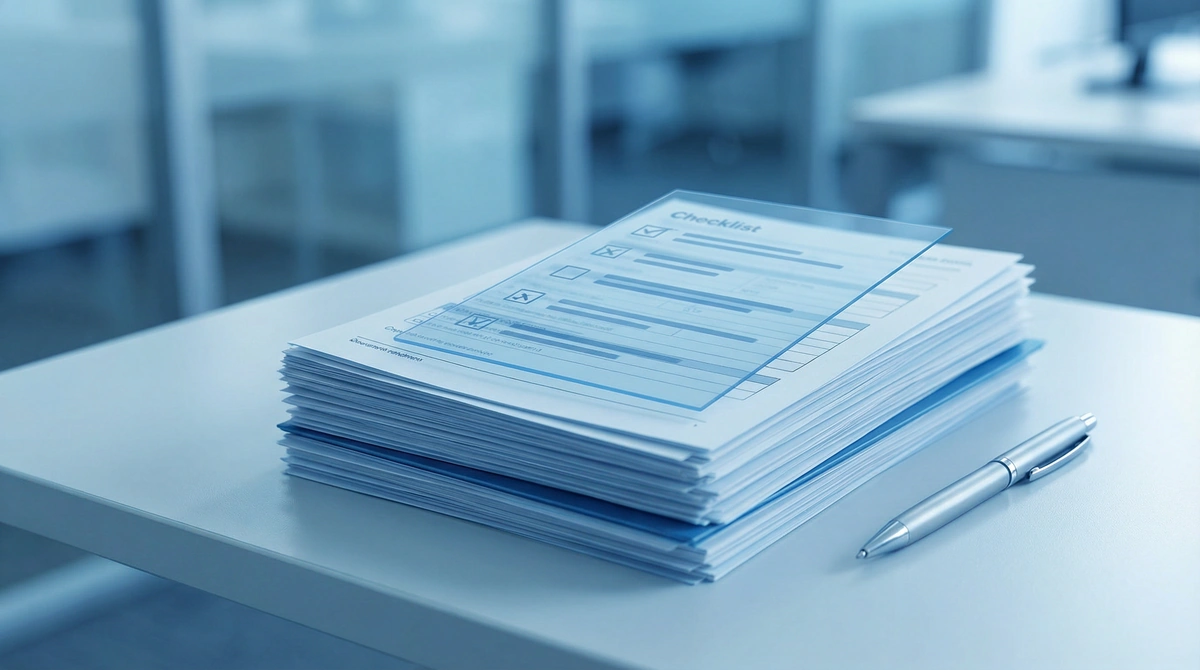 Organized stack of SBA loan application documents with a checklist
