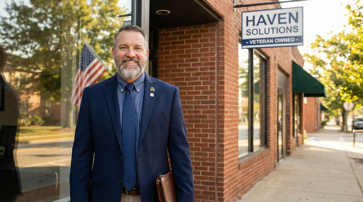 Veteran small business owner reviewing SBA loan documents in their office
