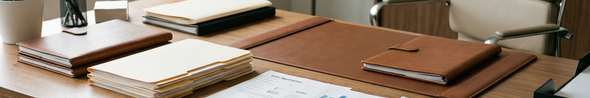 Professional desk with neatly organized loan application folders and documents