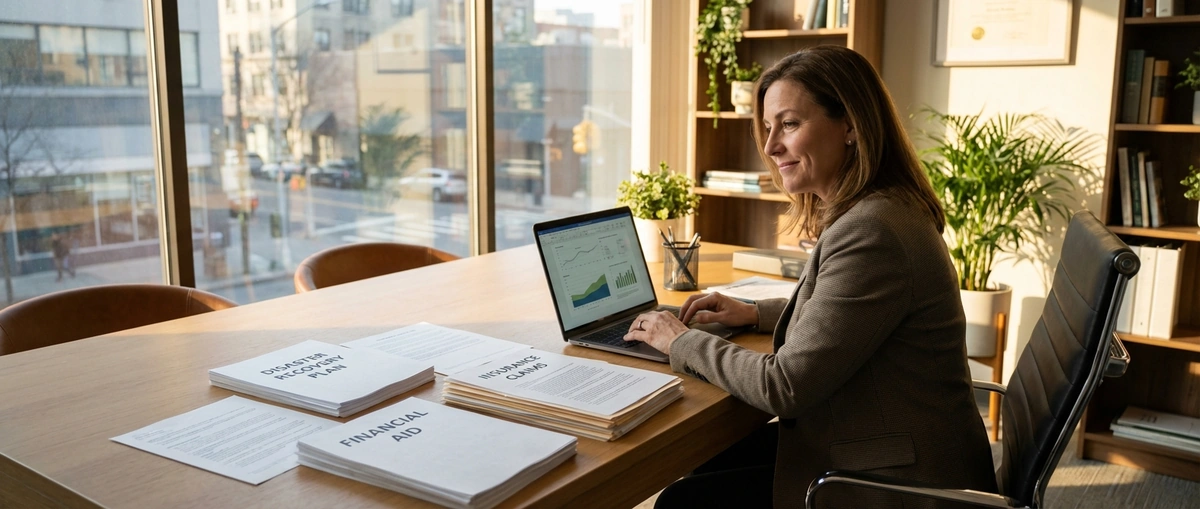 Small business owner reviewing SBA disaster loan recovery paperwork at a desk