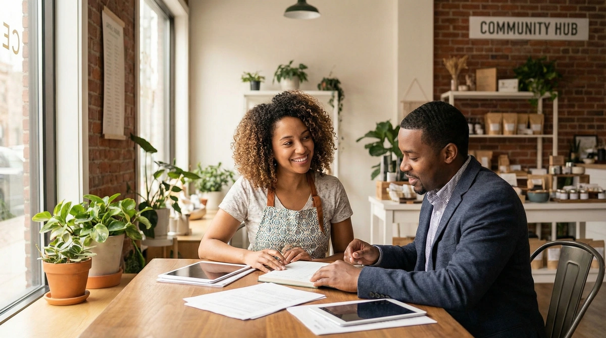 Small business owner in an underserved community reviewing SBA Community Advantage loan documents