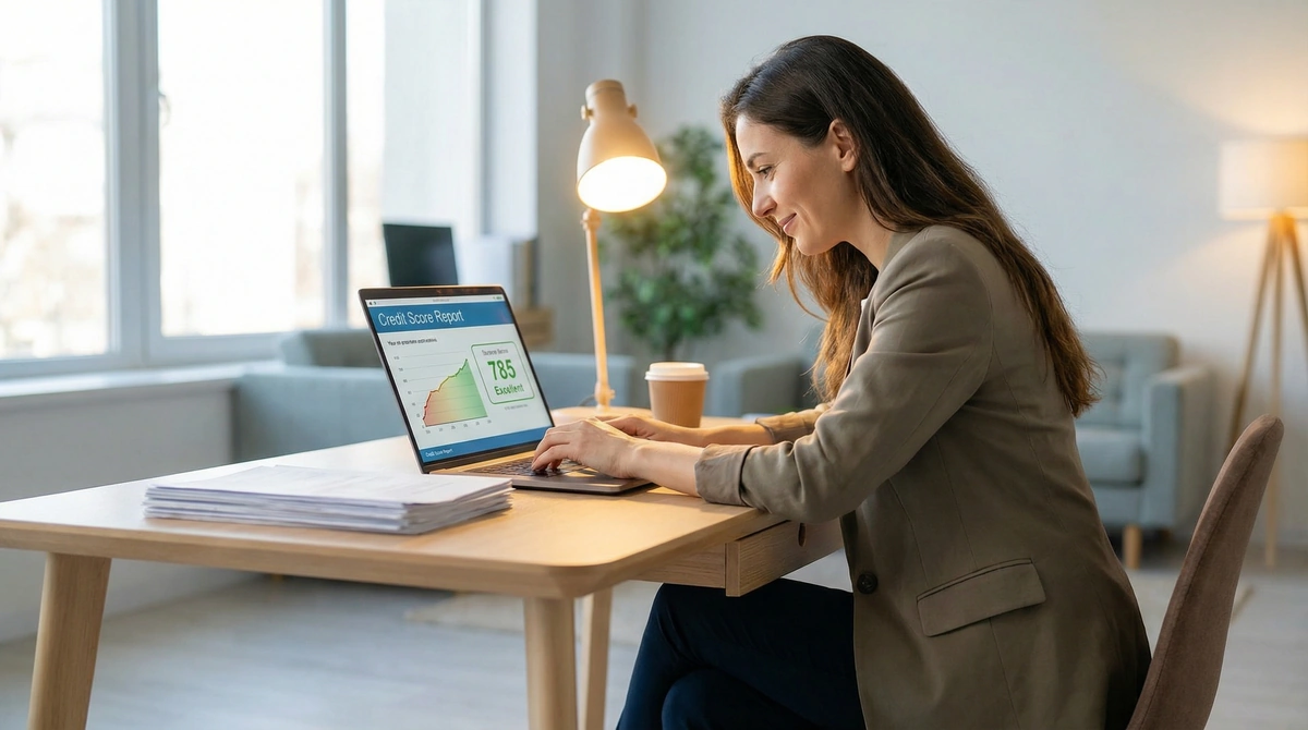 Small business owner reviewing credit score documents before SBA loan application