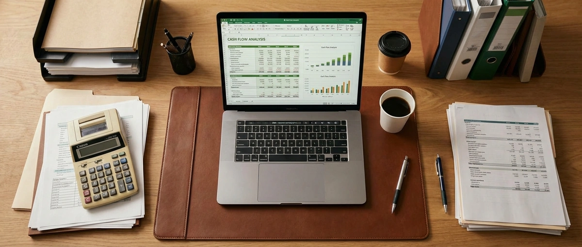 Financial documents and calculator showing debt service coverage ratio analysis