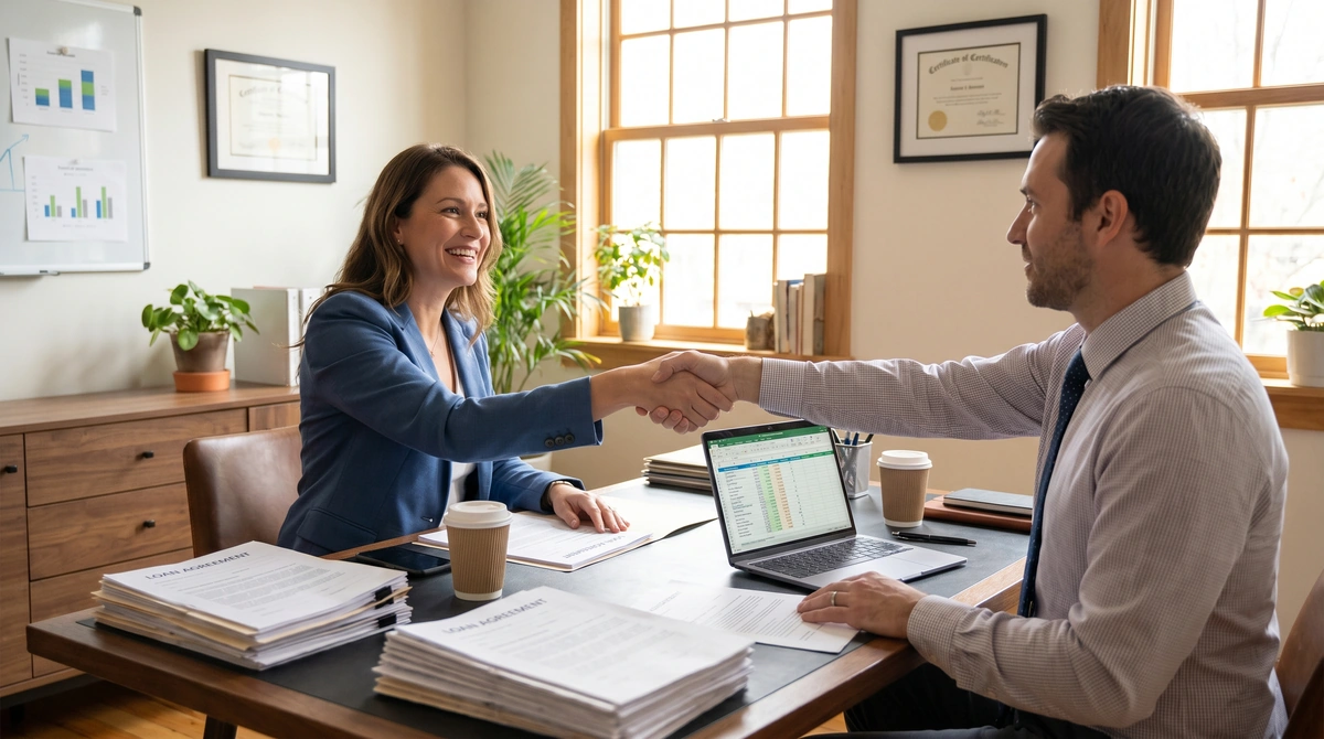 Small business owner and lender reviewing SBA 504 vs 7(a) loan options together