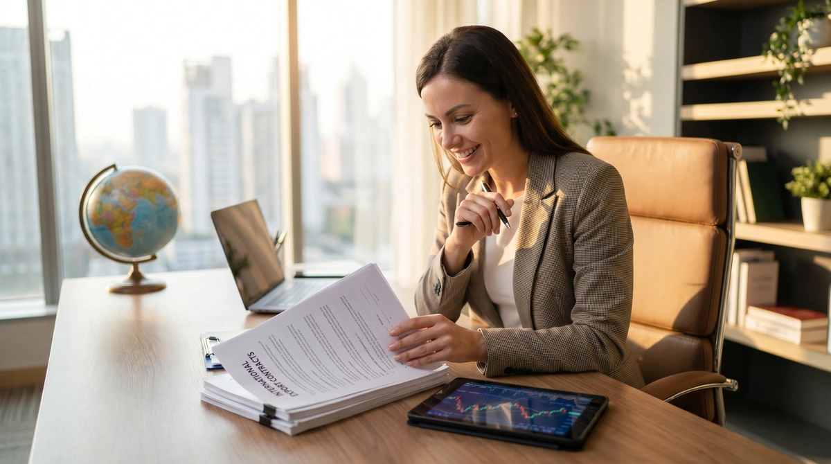 Business owner reviewing SBA export loans and international trade contracts at a desk