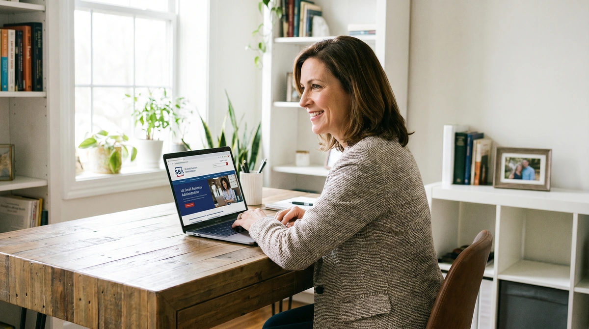 Small business owner using SBA Lender Match tool on laptop to find SBA loan lenders