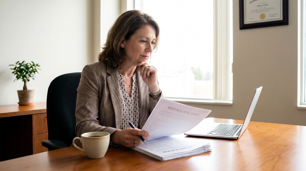 Small business owner reviewing SBA loan documents at a desk