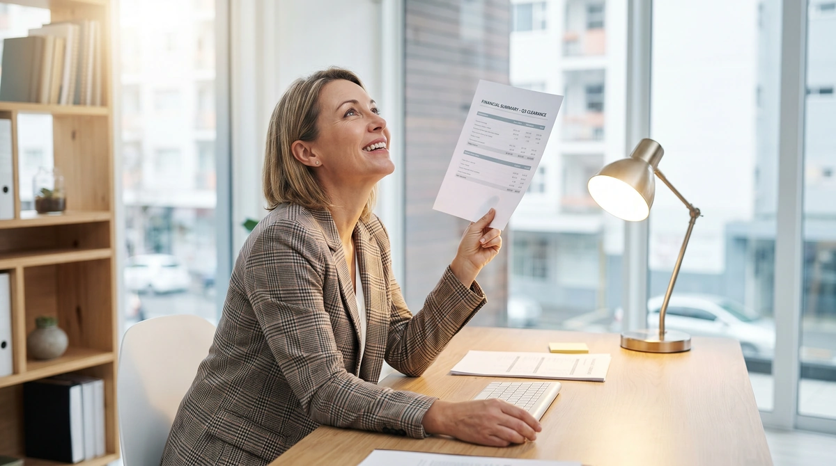 Small business owner reviewing SBA loan debt consolidation documents at desk