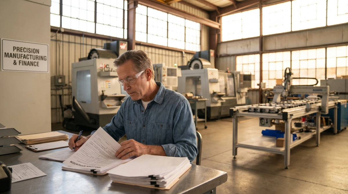 Manufacturing business owner reviewing SBA loan for manufacturing with production equipment in background