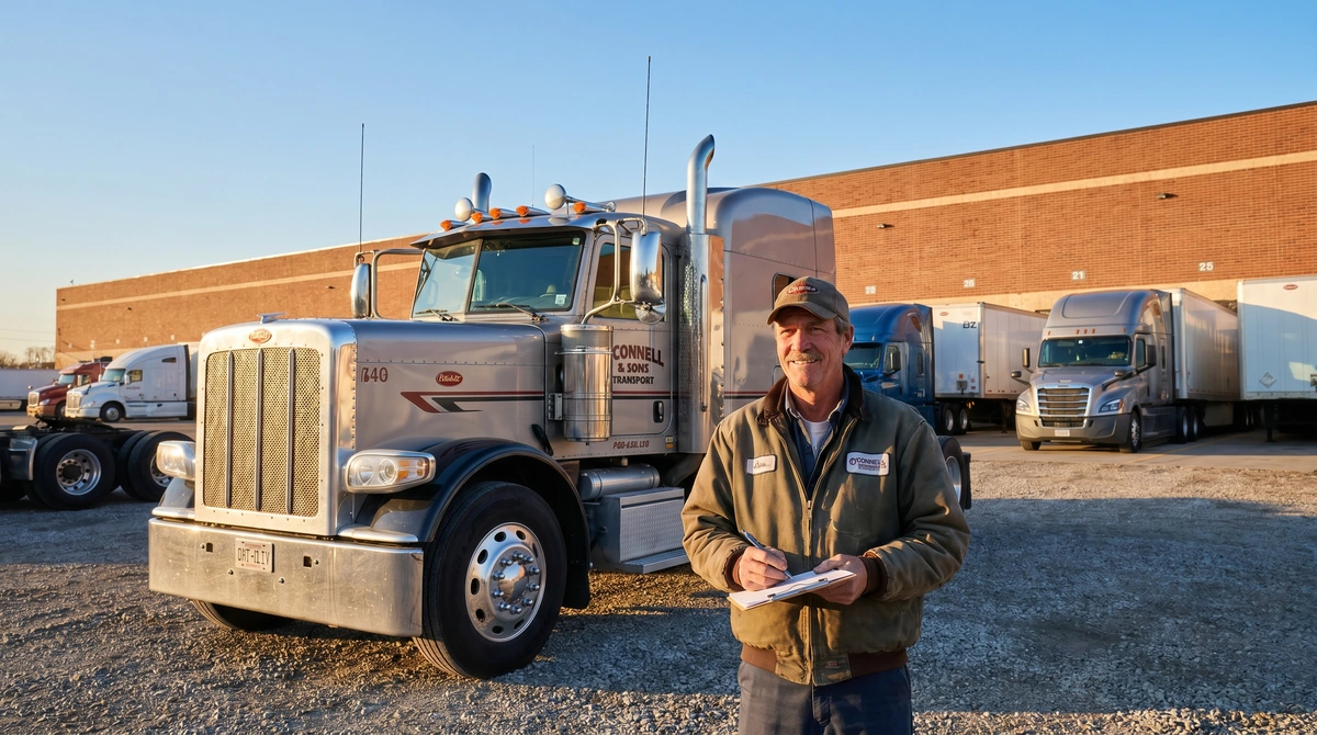 Owner-operator reviewing SBA loan documents beside a commercial semi-truck at a distribution facility