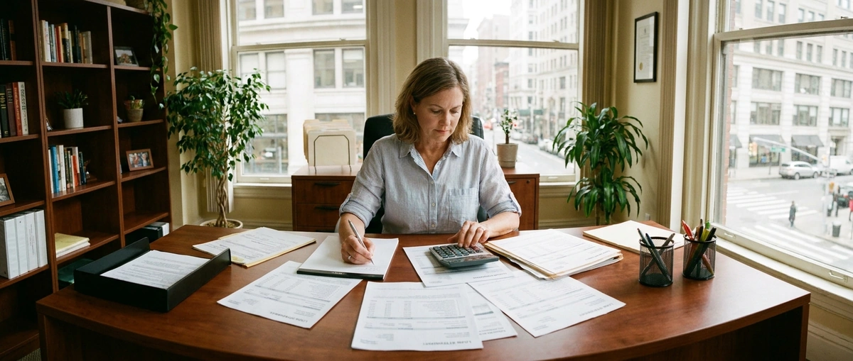 Business owner reviewing multiple loan statements and calculating consolidated payment options