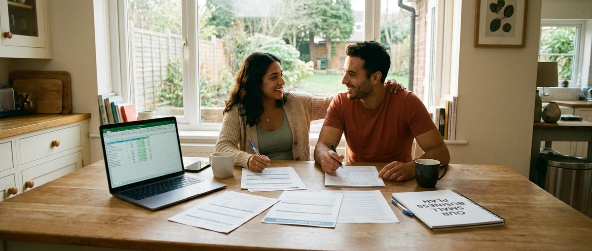 Couple reviewing SBA loan guarantor documents together at home
