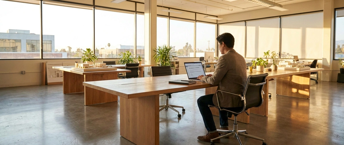 Small business owner reviewing SBA Lender Match lender responses on a laptop in a warm office setting