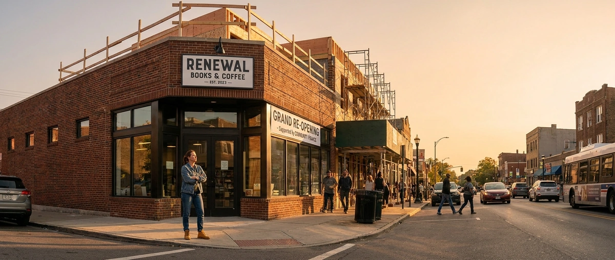 Small business owner standing confidently in front of their business, representing successful recovery and new opportunity