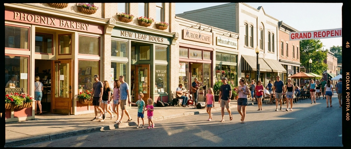 Thriving small business district representing business recovery and a fresh start after bankruptcy