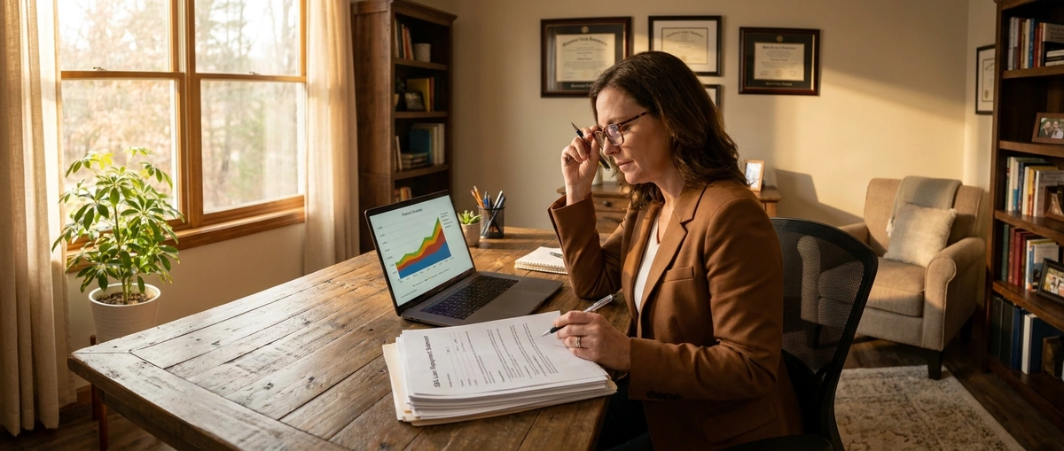 Small business owner reviewing SBA loan repayment statements at a desk with a financial dashboard open on laptop