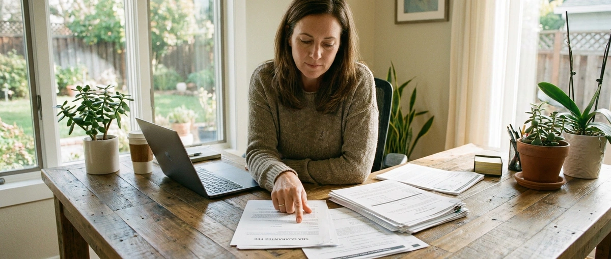 Small business owner reviewing SBA loan closing documents with guarantee fee line items visible