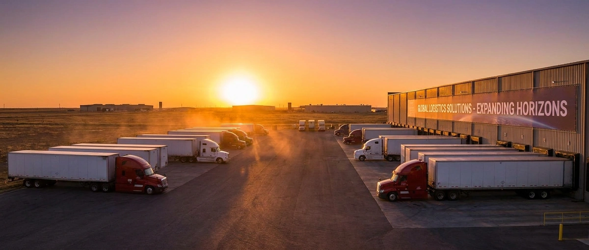 Small trucking fleet parked at a logistics yard, representing SBA loan financing for trucking businesses