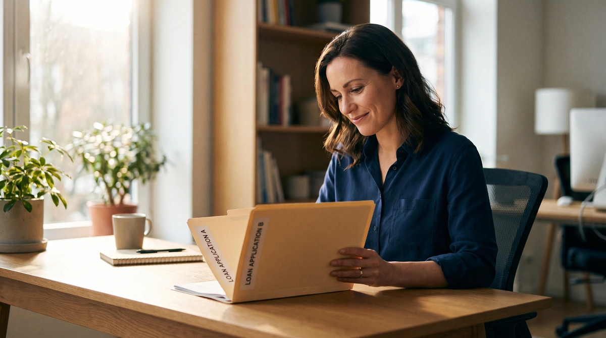First-time small business owner comparing SBA 7(a) small loan and Standard 7(a) document folders at a modern desk