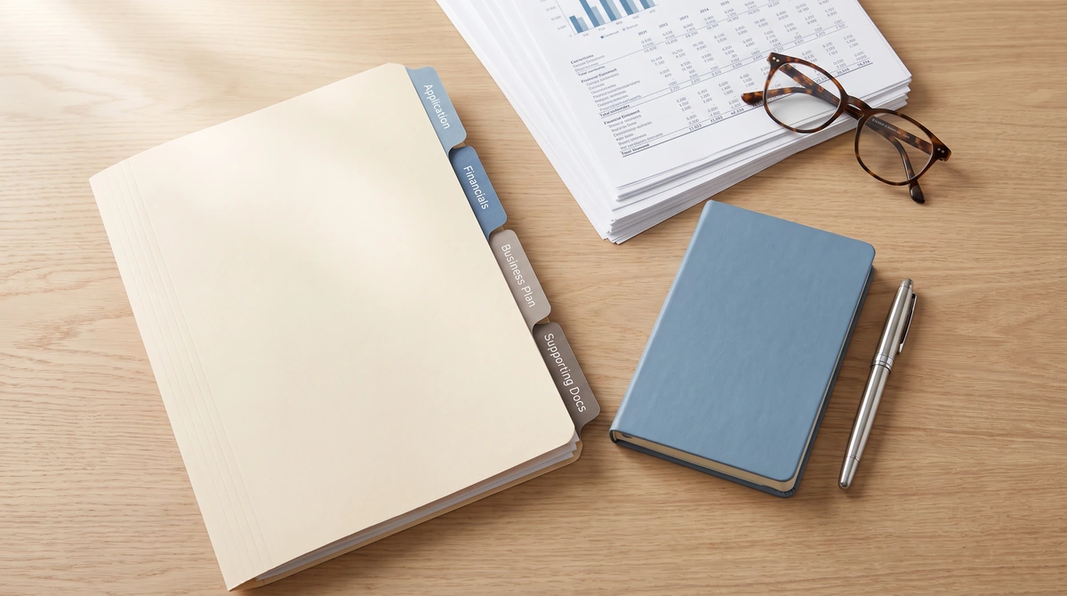 SBA loan packager's organized application file with tabs, financial statements, and a pen