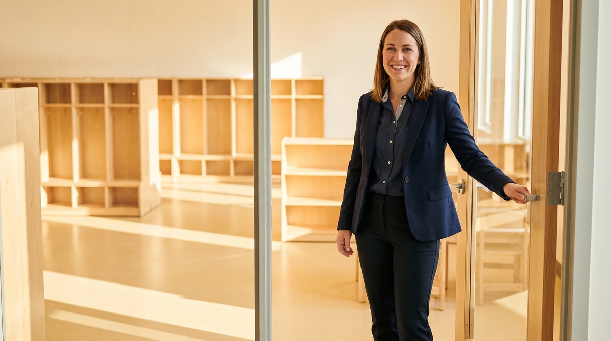 First-time childcare owner in the doorway of a licensed classroom funded by an SBA loan for daycare
