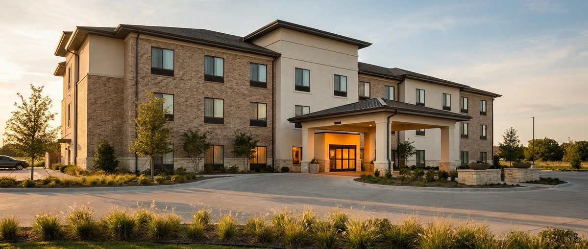 Boutique hotel exterior at golden hour financed through an SBA loan for hotel acquisition