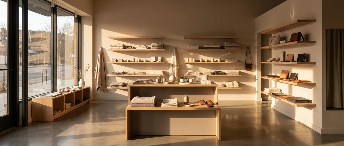Warm, welcoming boutique retail interior at golden hour with curated merchandise on display