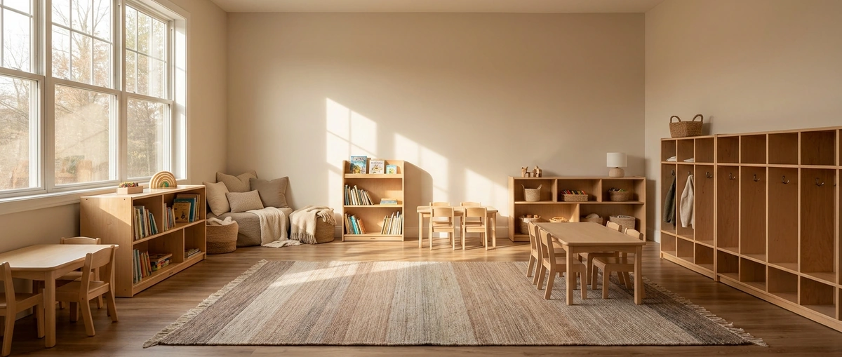 Bright, cheerful daycare classroom interior with age-appropriate low furniture and natural materials
