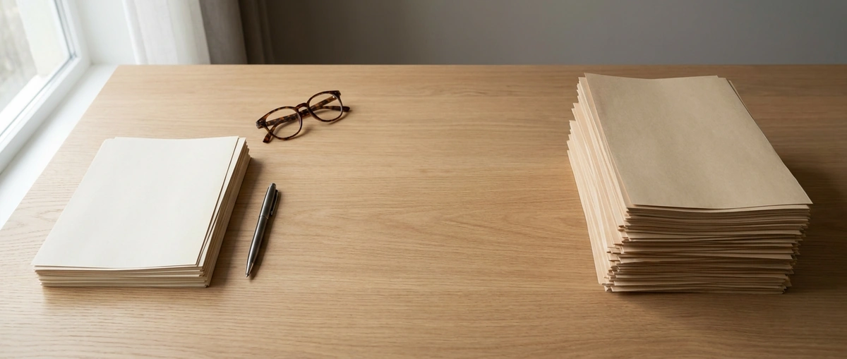 Two side-by-side stacks of SBA 7(a) loan documents on a modern desk showing small loan vs Standard loan comparison